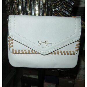 Jessica Simpson White Vegan Leather Chain Crossbody Whipstitch Accents